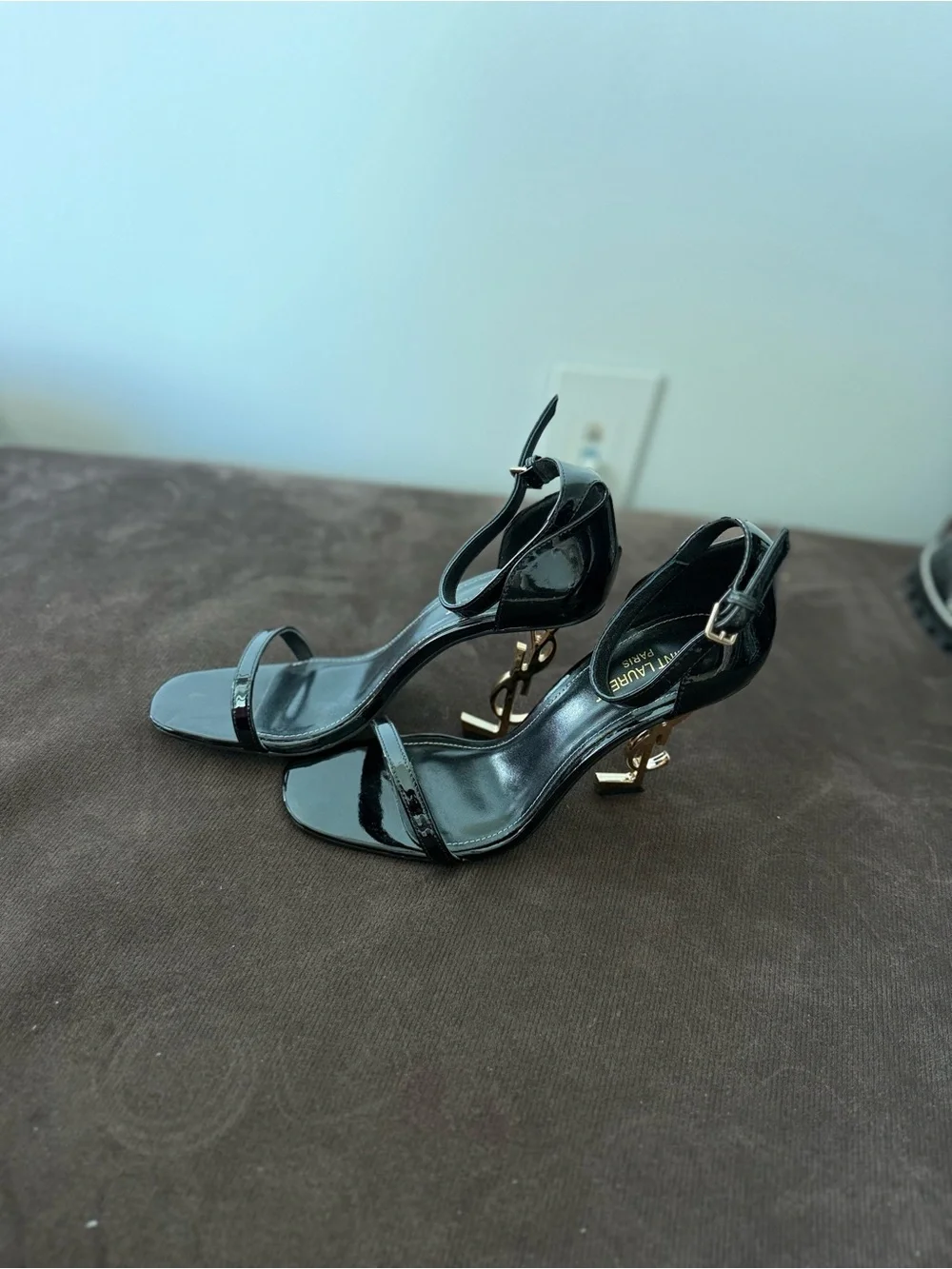 Louis Vuitton Black Patent Sandals with Gold LV Logo Heels